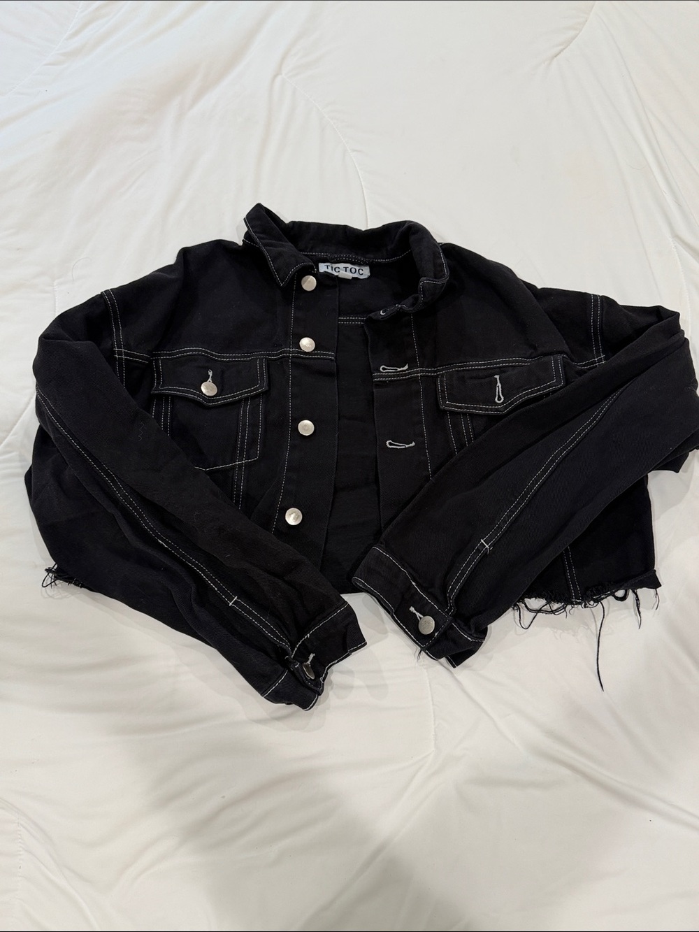 Black Cropped Denim Jacket with White Contrast Stitching